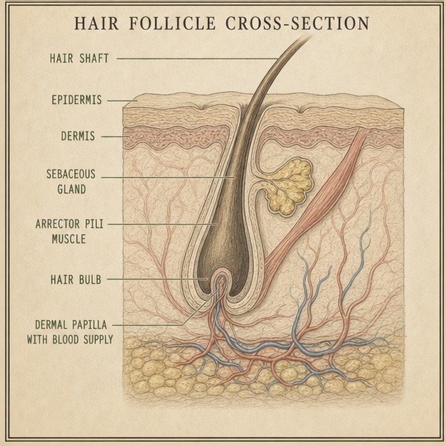 Labeled hair follicle cross-section diagram from the curriculum
