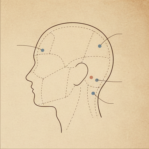 Side-profile head diagram with sectioning lines and tension dots for placement mapping.