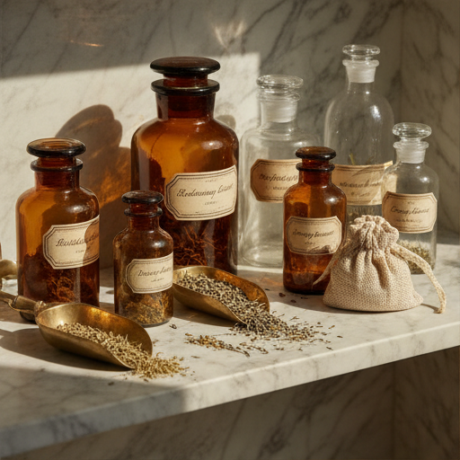 Amber glass apothecary jars with botanical labels arranged on a wood shelf.