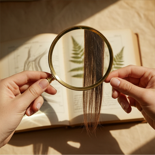 Hands using a vintage magnifying glass over a strand of hair.