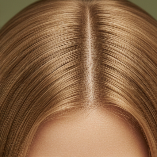 Extreme closeup of a healthy scalp at the parting line showing new growth.