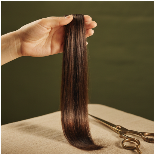 A stylist's hands holding a single strand of long, healthy hair.