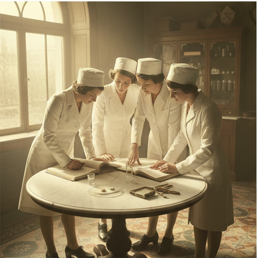 Three apprentices in white uniforms gathered around a textbook in a vintage academy studio.