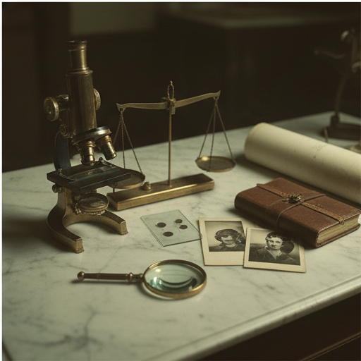 A vintage brass microscope on a marble countertop with slides and scientific instruments.