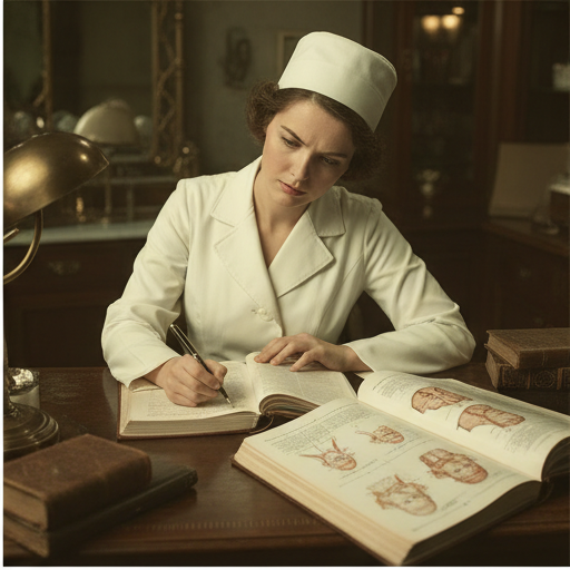 An apprentice taking notes in a leather journal beside an anatomical textbook.